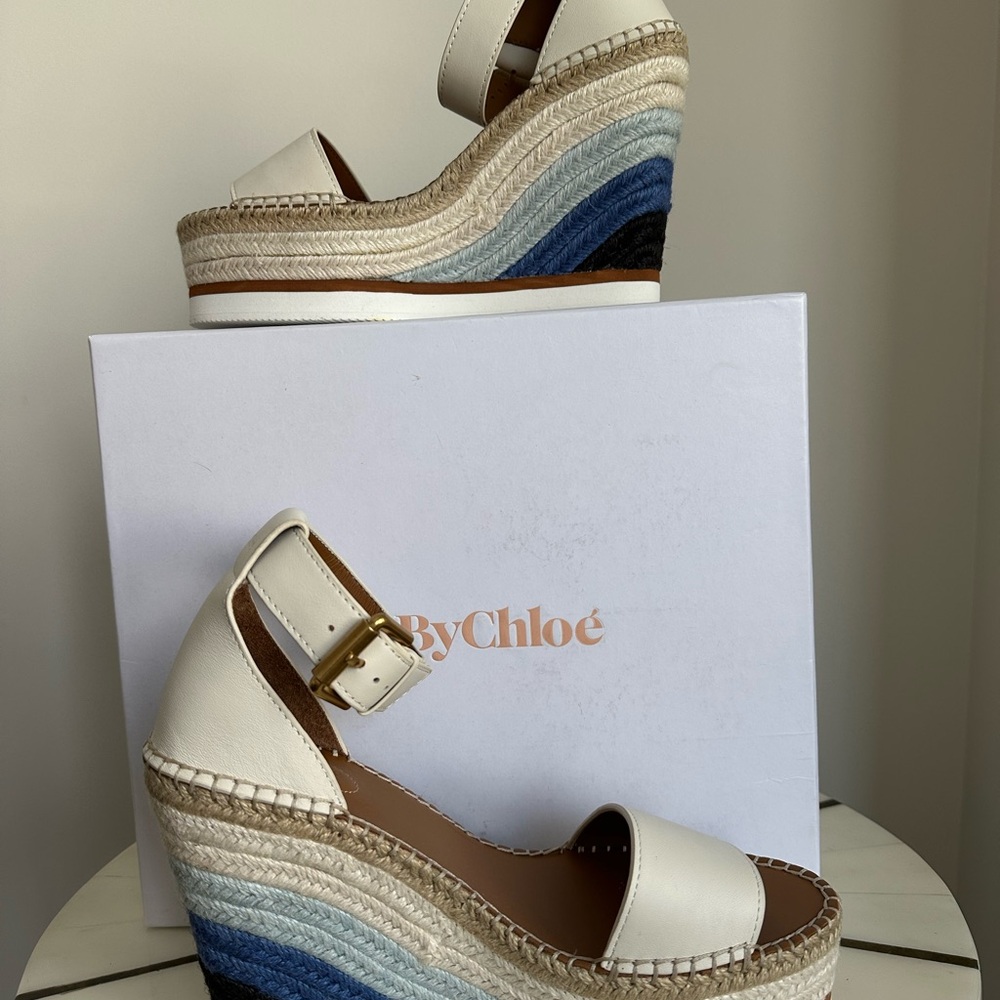 See By Chloe Glyn Espadrille, Cream & Rainbow 4.75” Wedge